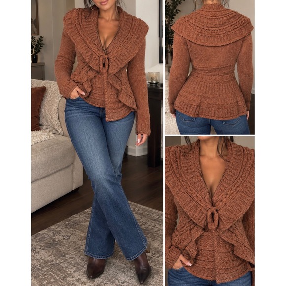 Elsamana Sweaters - Elsamana Italian Wool Alpaca Blend Peplum Cardigan Rust Brown color Size small